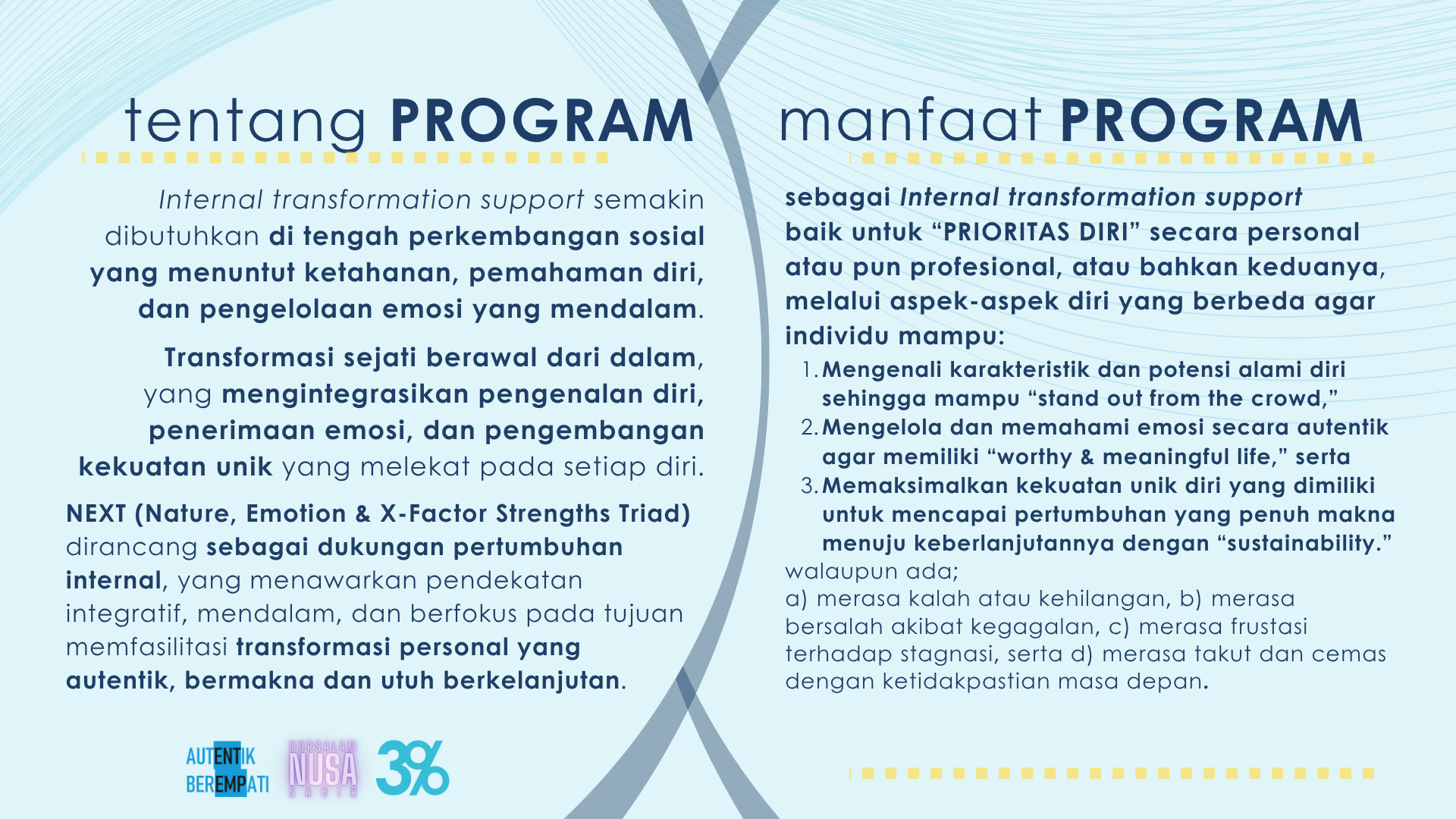 professional support of internal transformation bersama Nursalam Nusa Sabir Certified Growth & Life Coach, 3percent.co.id Autentik Berempati